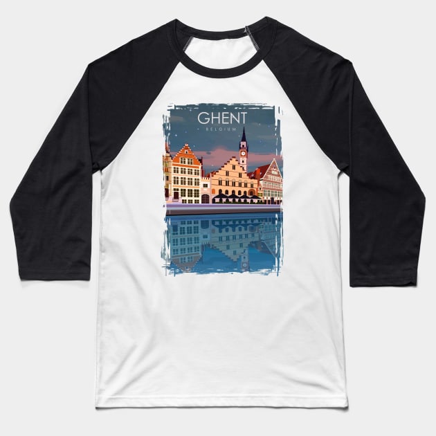 Ghent Blegium Vintage Minimal Retro Travel Poster at Night Baseball T-Shirt by jornvanhezik